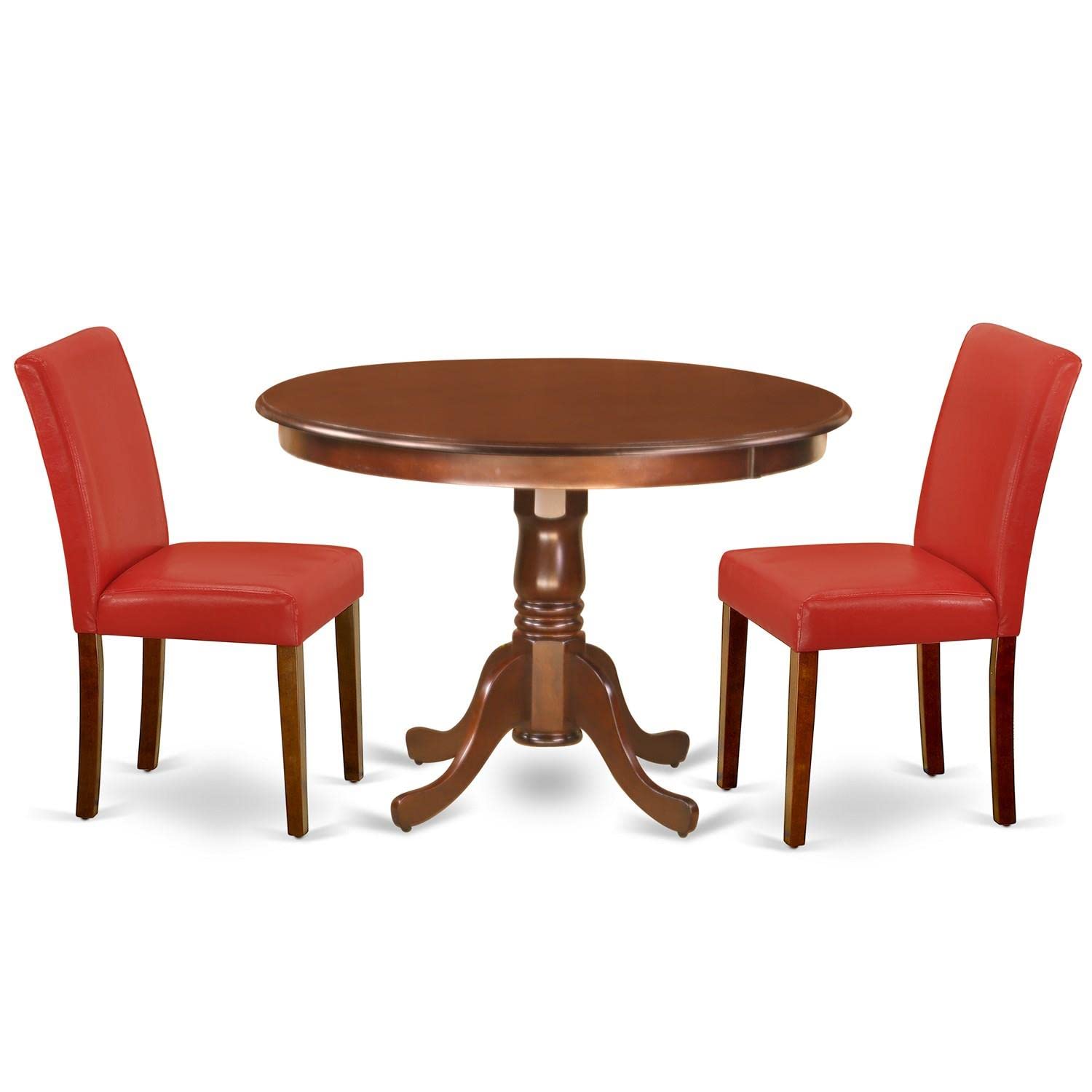 East West Furniture Hlab3-Mah-72 3 Piece Dining Room Table Set Contains A Round Kitchen Table With Pedestal And 2 Firebrick Red Faux Leather Parsons Dining Chairs, 42X42 Inch, Mahogany